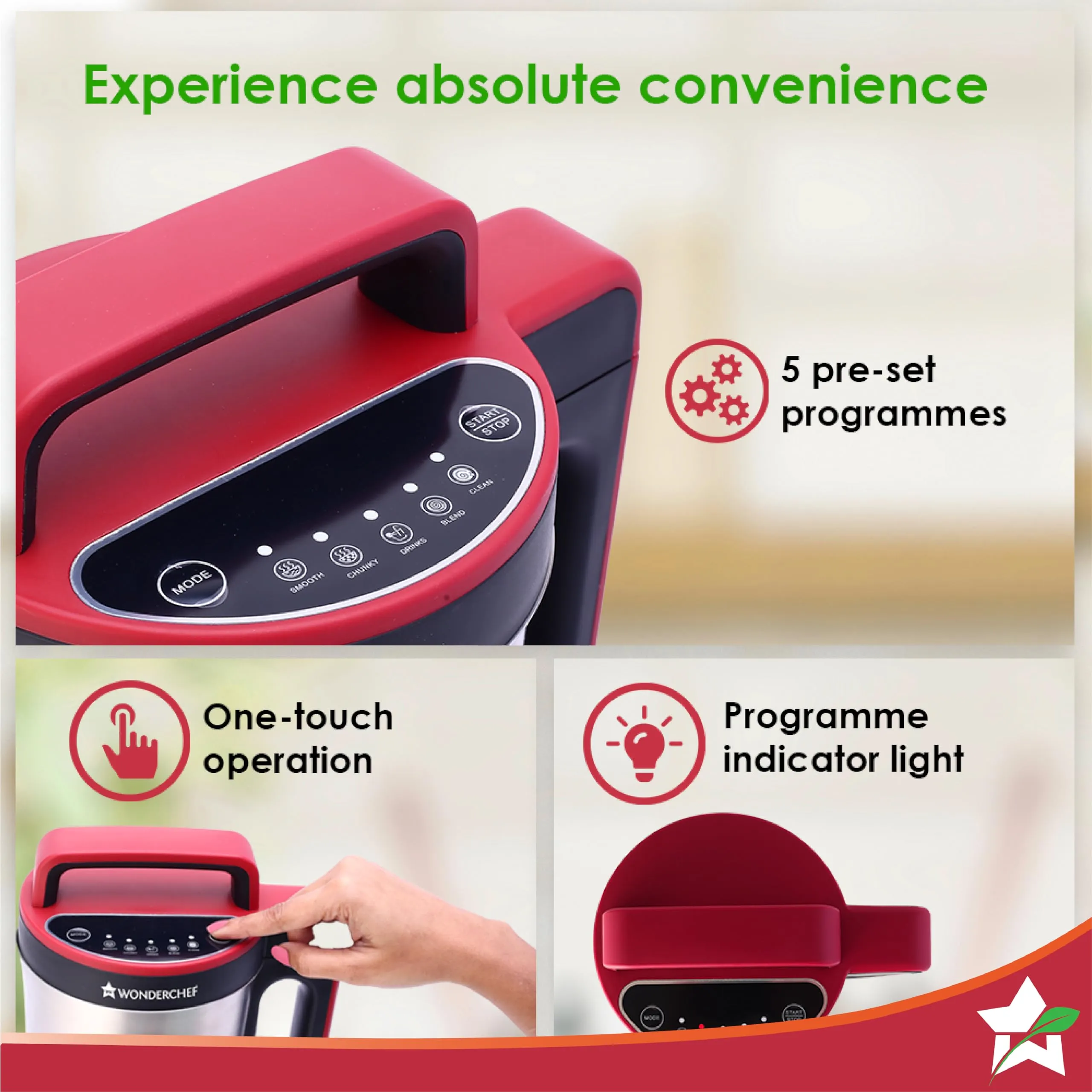 Wonderchef NEO Automatic Soup Maker | 1.0 Litre | 800W Heater | SS Blades & Bowl (Jug) | Soup in just 20 mins | 2 Years Warranty | Red & Black