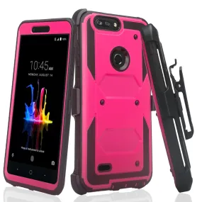 ZTE Sequoia Case, Blade Z Max, ZTE Z982 Case, Triple Protection 3-1 w/ Built in Screen Protector Heavy Duty Holster Shell Combo Case Cover - Hot Pink