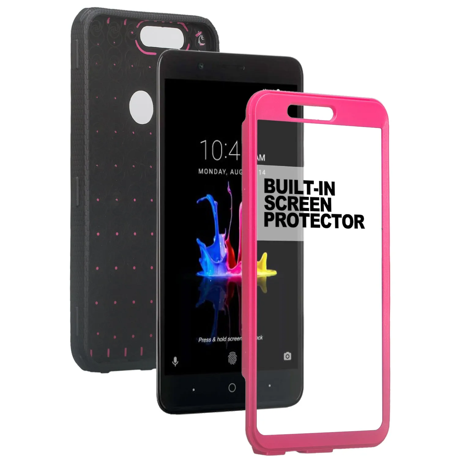 ZTE Sequoia Case, Blade Z Max, ZTE Z982 Case, Triple Protection 3-1 w/ Built in Screen Protector Heavy Duty Holster Shell Combo Case Cover - Hot Pink