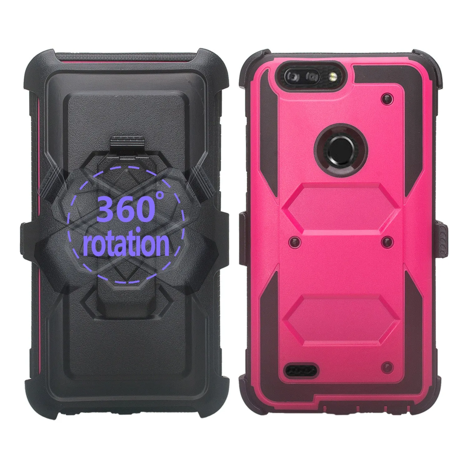 ZTE Sequoia Case, Blade Z Max, ZTE Z982 Case, Triple Protection 3-1 w/ Built in Screen Protector Heavy Duty Holster Shell Combo Case Cover - Hot Pink