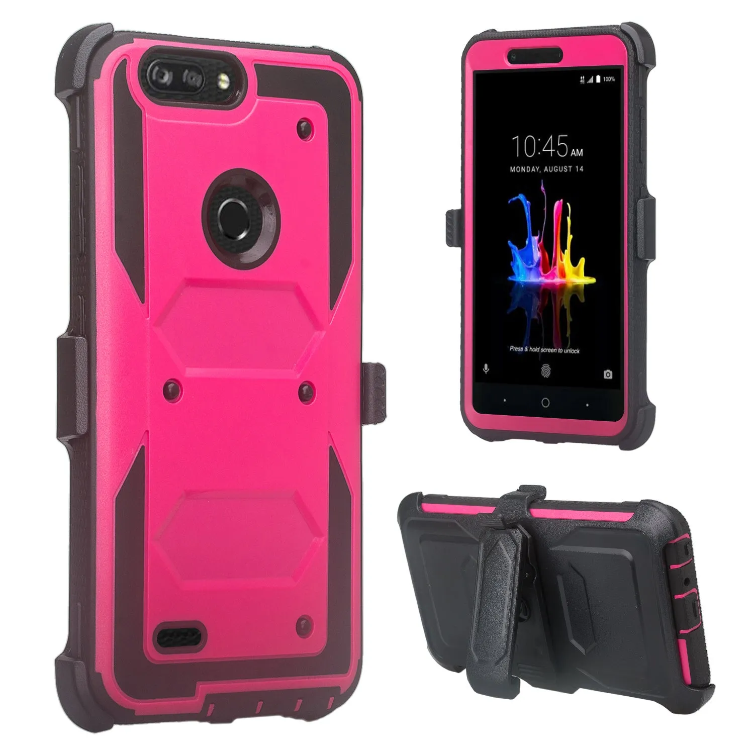 ZTE Sequoia Case, Blade Z Max, ZTE Z982 Case, Triple Protection 3-1 w/ Built in Screen Protector Heavy Duty Holster Shell Combo Case Cover - Hot Pink